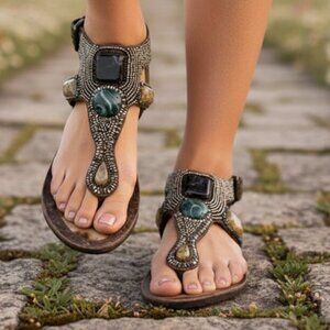 SAM EDELMAN sandals "halo" distressed beaded metallic - 7.5